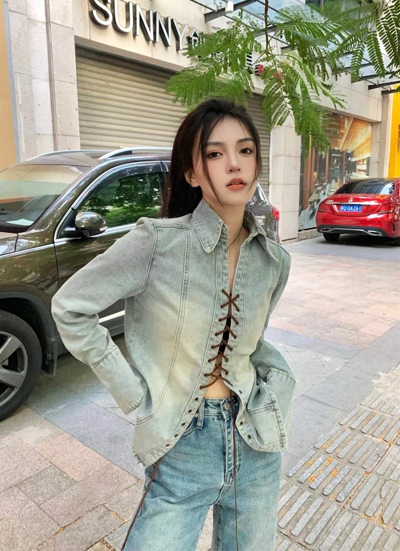 シャツ カットソー 長袖 Vネック 細身 スピンドル デニム かわいい 大人可愛い きれいめ シンプル カジュアル 春 秋 学生 通学 デート お出かけ 韓国 モテ S L XL ライトブルー