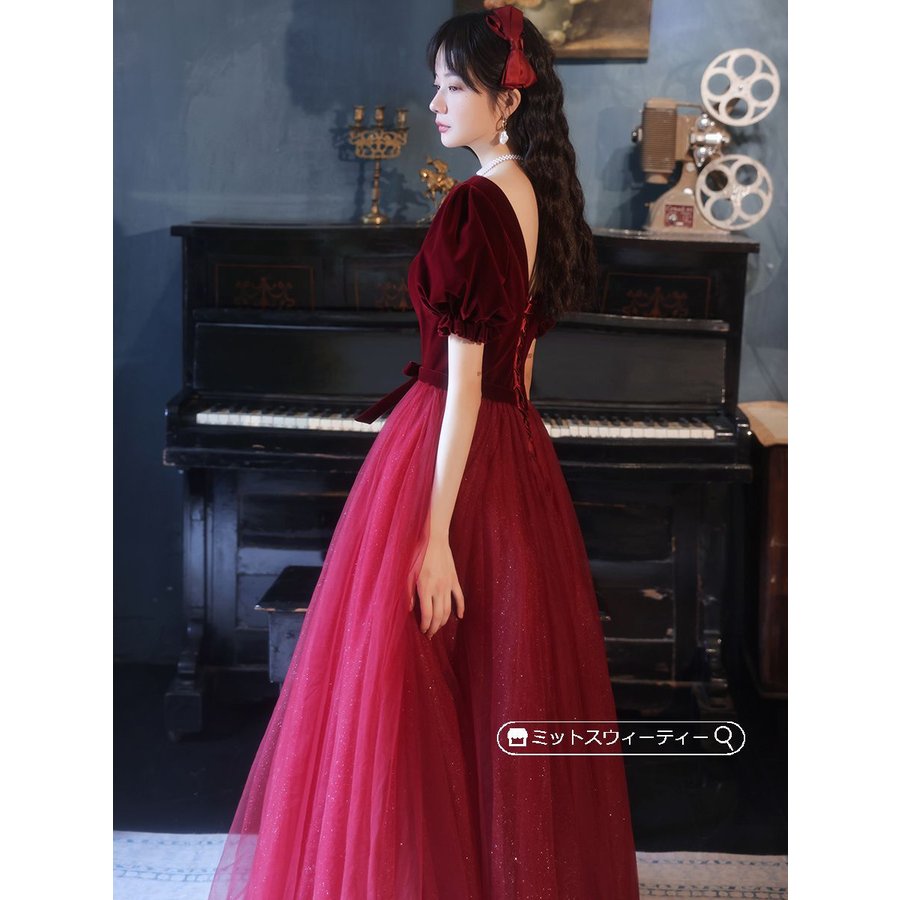 ドレス ベルベット バイカラー サテン 切替 Vネック 花嫁 ロングドレス カラードレス ワインレッド ベルベット