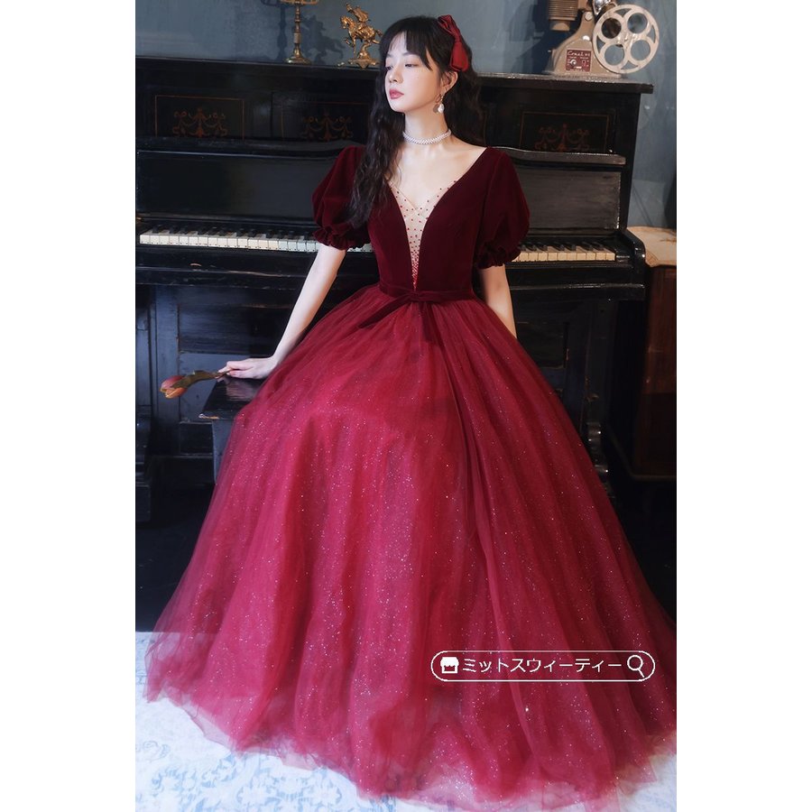 花嫁 ロングドレス カラードレス ワインレッド ベルベット