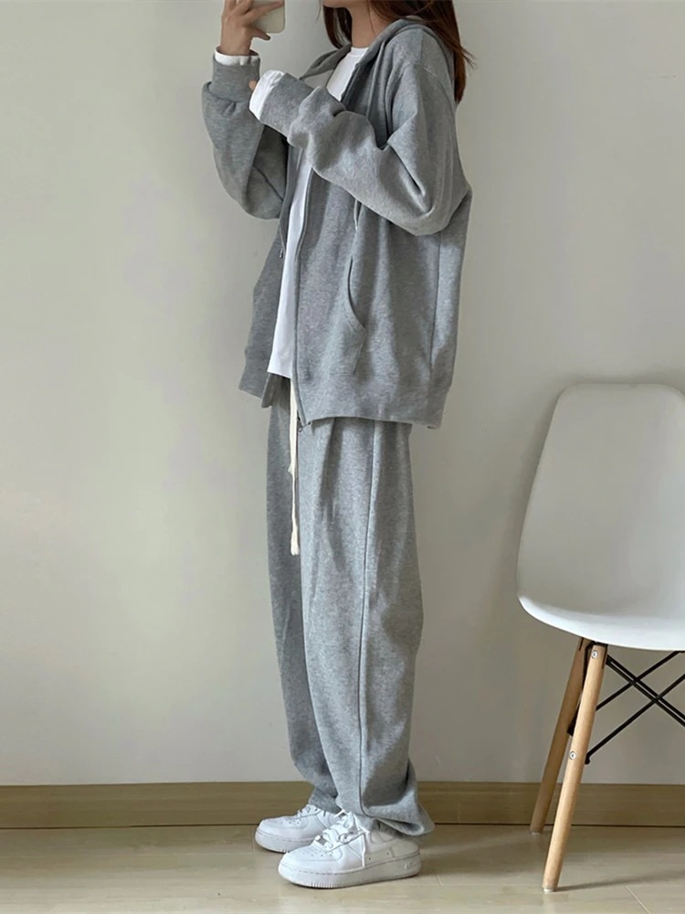 2025 春夏 2点セット トップスパーカー フード付き チャック韓国羽織り ショート丈 フルパーカー ルーズ サイド上下ボトムス ストレート系冬 ゆったりサイズワイドシルエットリラックストラック