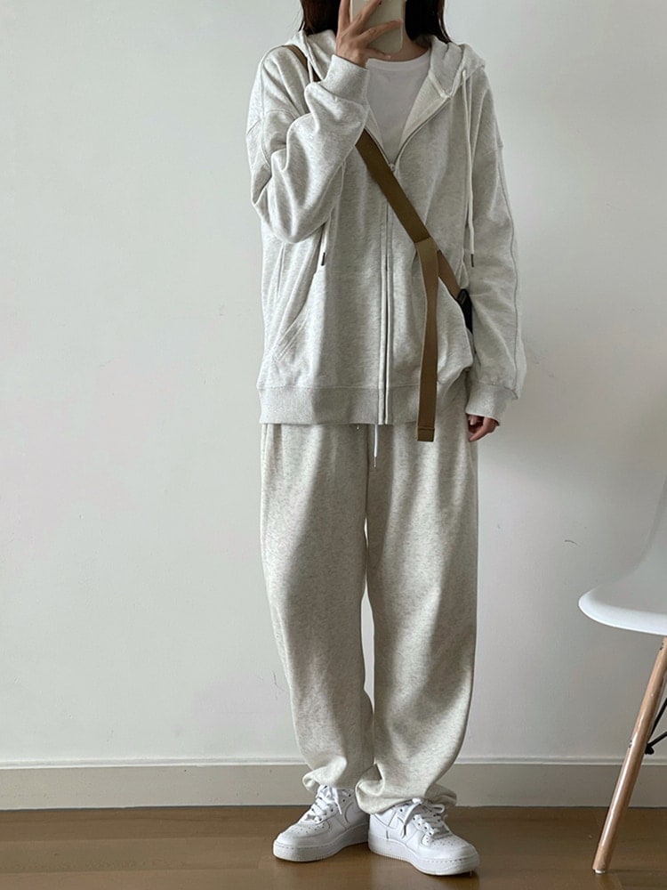 2025 春夏 2点セット トップスパーカー フード付き チャック韓国羽織り ショート丈 フルパーカー ルーズ サイド上下ボトムス ストレート系冬 ゆったりサイズワイドシルエットリラックストラック