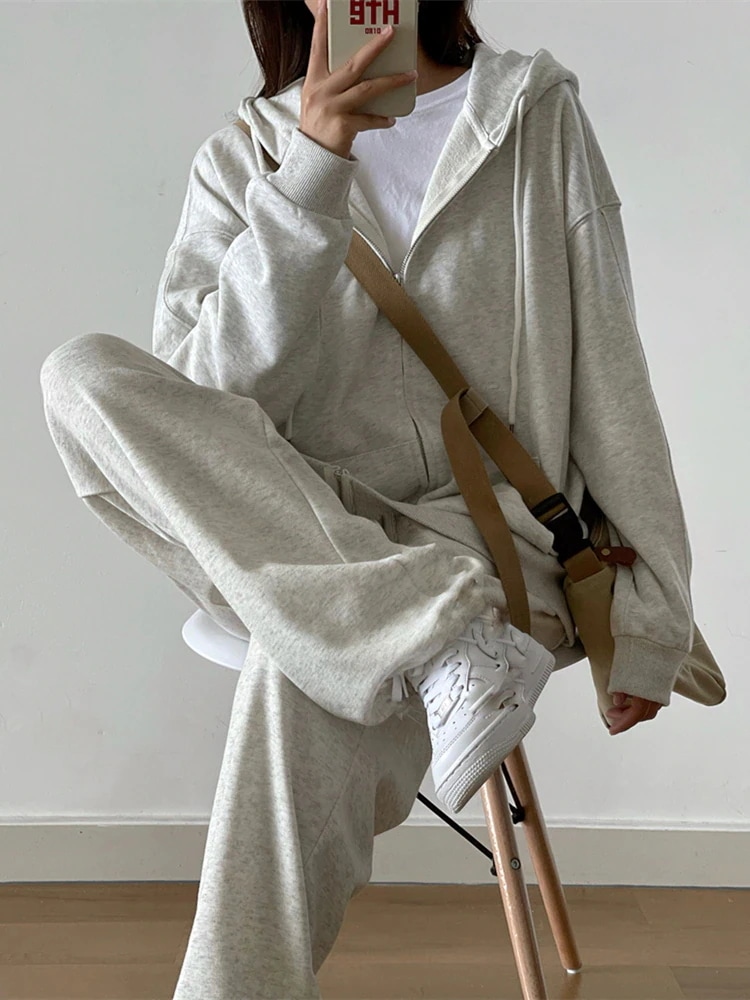 2025 春夏 2点セット トップスパーカー フード付き チャック韓国羽織り ショート丈 フルパーカー ルーズ サイド上下ボトムス ストレート系冬 ゆったりサイズワイドシルエットリラックストラック