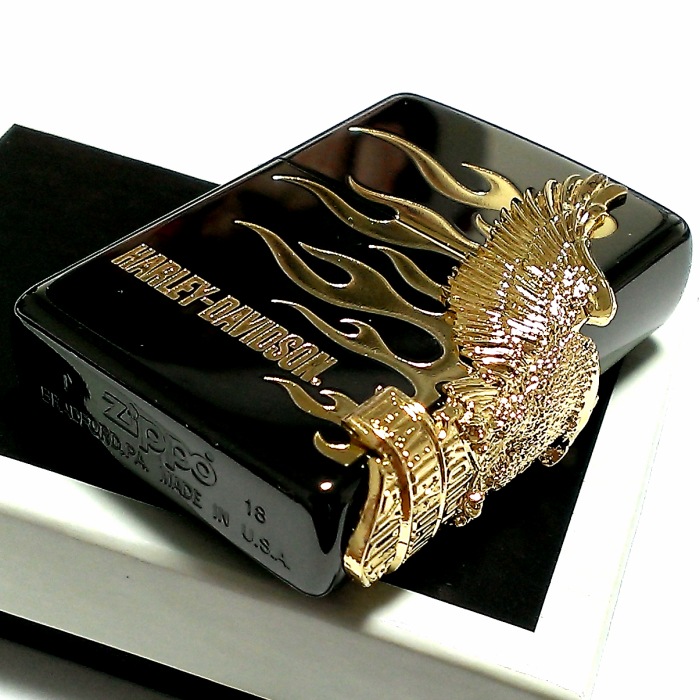 ZIPPO ハーレーダビッドソン ジッポライター ブラック＆ゴールド かっこいい ファイヤー 3面ゴールドメタル イーグル 黒金 HARLEY-DAVIDSON 日本国内限定モデル ジッポー