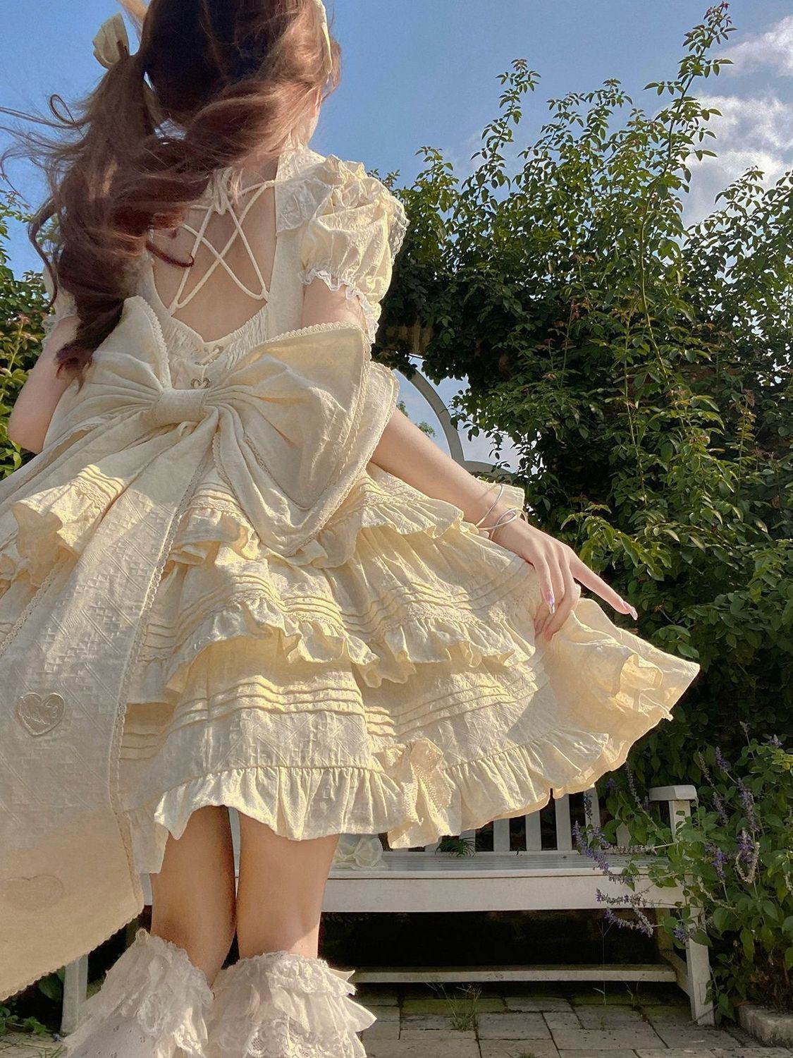 クリームイエローバックビッグボウノットロリータドレスPドレス