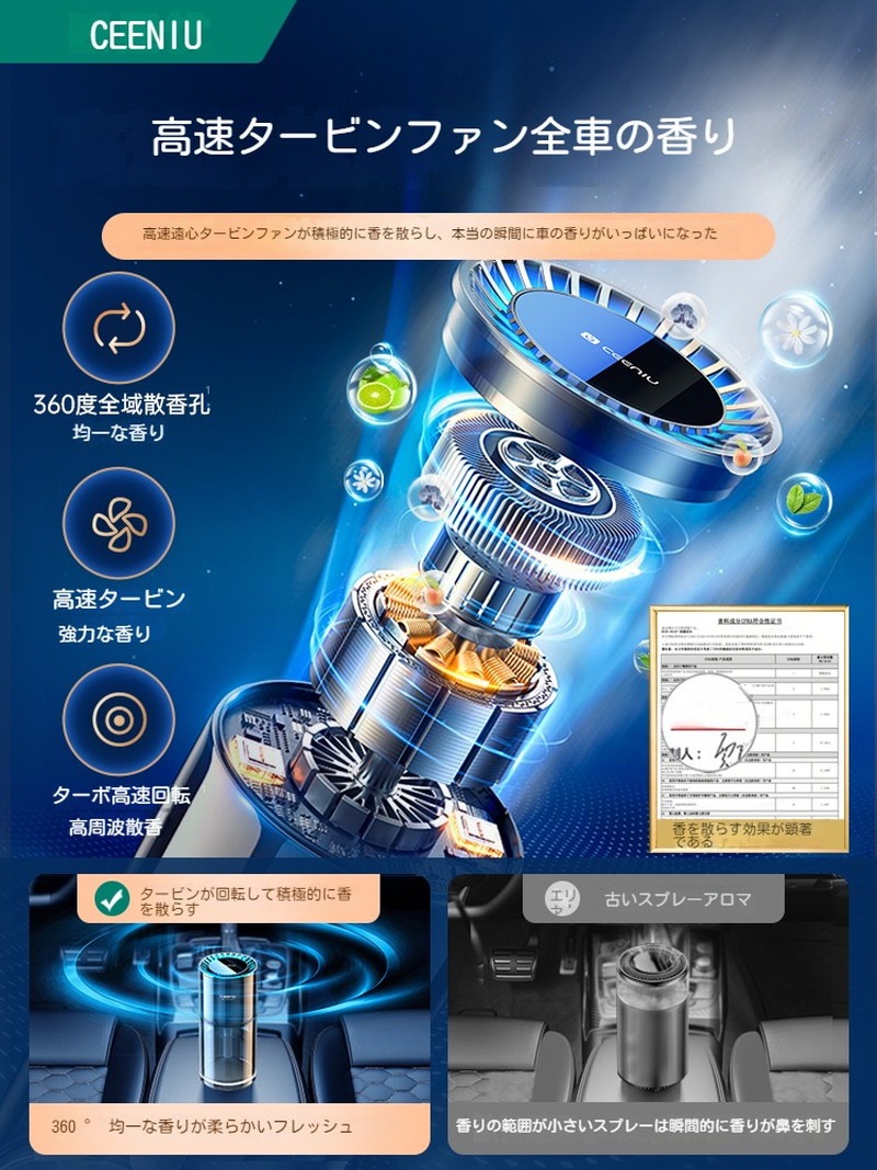 CEENIU 車 芳香剤 車 消臭 アロマディフューザー 135ml大容量 約6ヶ月分 アンビエントライト 自動ON/OFF シーニュー CF3 プレ