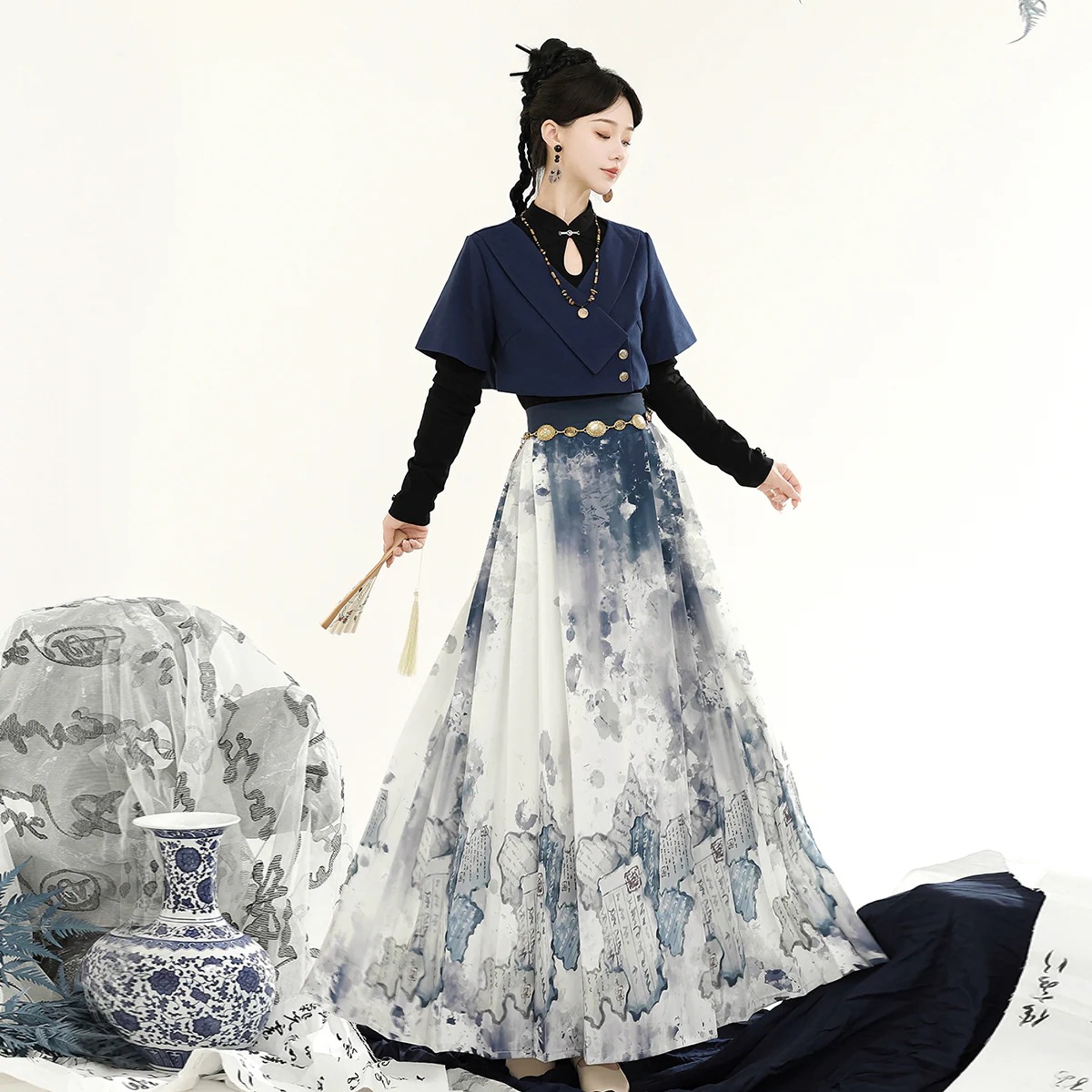 【フルセット】本は新しい韓国改良cos服水墨書道馬スカート女性秋を引きます mulan778.net