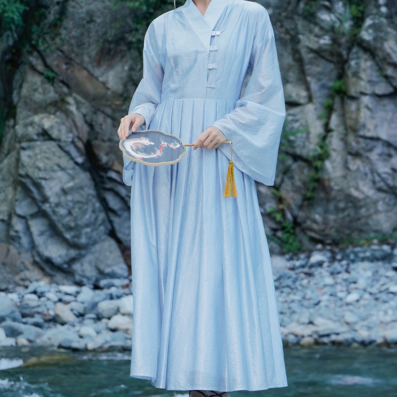 チャイナ風ワンピース プリーツワンピース シャツワンピース 長袖 水色ワンピース 前ボタン レトロ気質 古風 レイヤード 通勤 ハイウエスト チャイナ風ワンピース プリーツワンピース シャツワンピース 長袖 水色ワンピース 前ボタン レトロ気質 古風 レイヤード 通勤 ハイウエスト