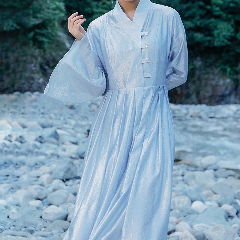 チャイナ風ワンピース プリーツワンピース シャツワンピース 長袖 水色ワンピース 前ボタン レトロ気質 古風 レイヤード 通勤 ハイウエスト チャイナ風ワンピース プリーツワンピース シャツワンピース 長袖 水色ワンピース 前ボタン レトロ気質 古風 レイヤード 通勤 ハイウエスト