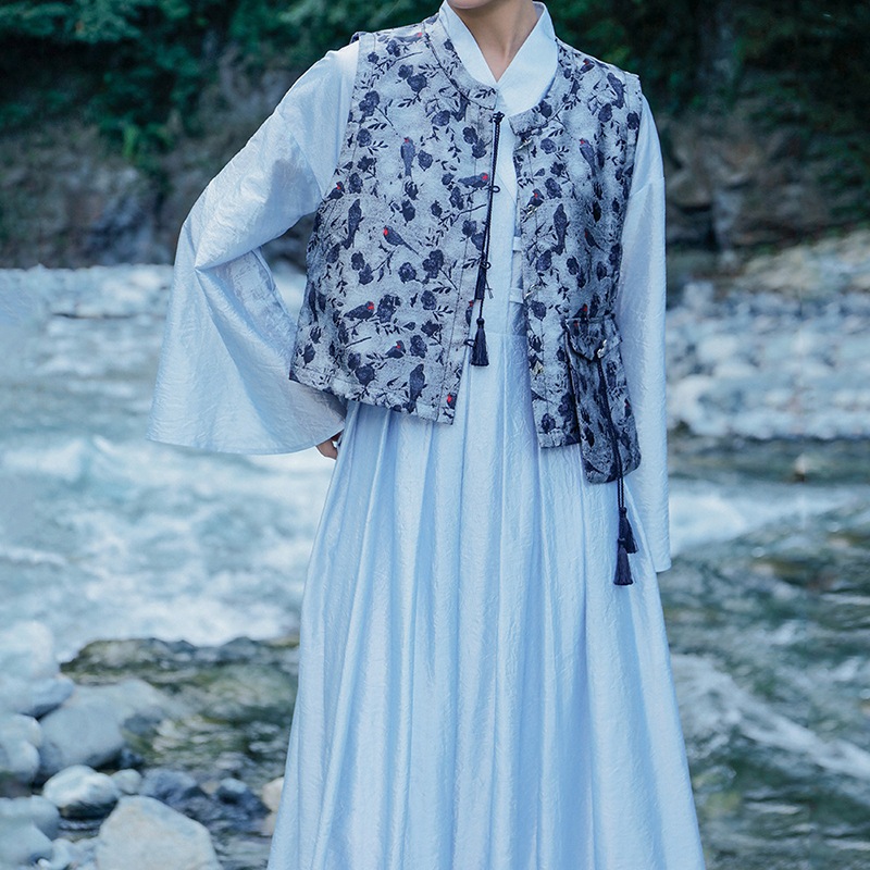 チャイナ風ワンピース プリーツワンピース シャツワンピース 長袖 水色ワンピース 前ボタン レトロ気質 古風 レイヤード 通勤 ハイウエスト チャイナ風ワンピース プリーツワンピース シャツワンピース 長袖 水色ワンピース 前ボタン レトロ気質 古風 レイヤード 通勤 ハイウエスト