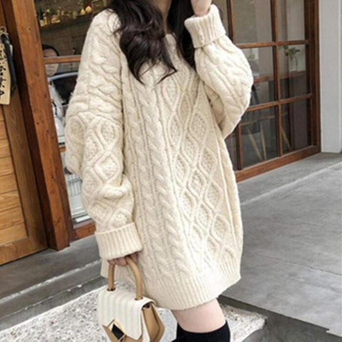 トップス ニット セーター チュニック ワンピース レディース きれいめ カジュアル 長袖 クルーネック 大人 可愛い フェミニン おしゃれ ケーブル シンプル 韓国 ベージュ ピンク レッド 赤 グ