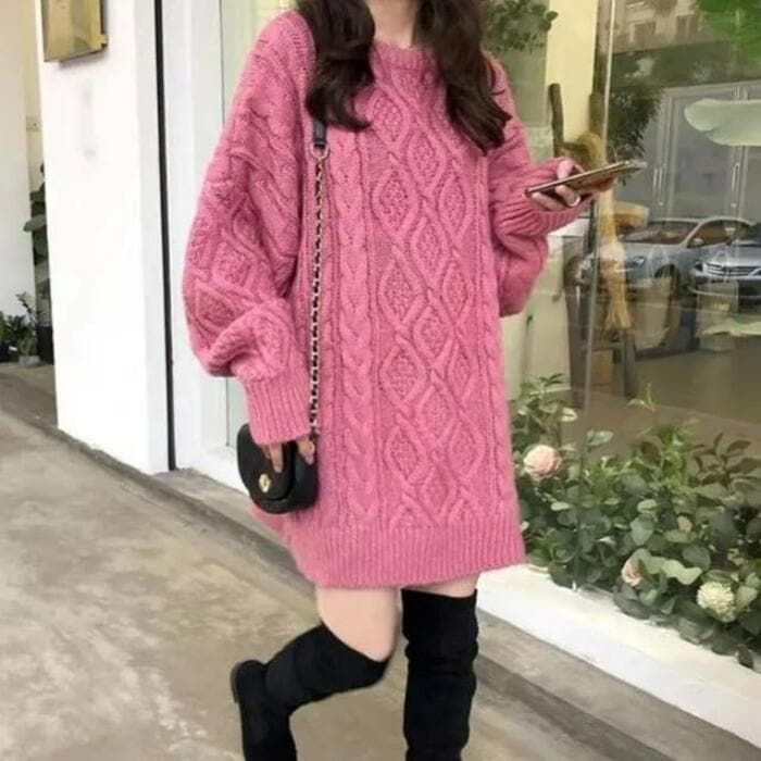トップス ニット セーター チュニック ワンピース レディース きれいめ カジュアル 長袖 クルーネック 大人 可愛い フェミニン おしゃれ ケーブル シンプル 韓国 ベージュ ピンク レッド 赤 グ