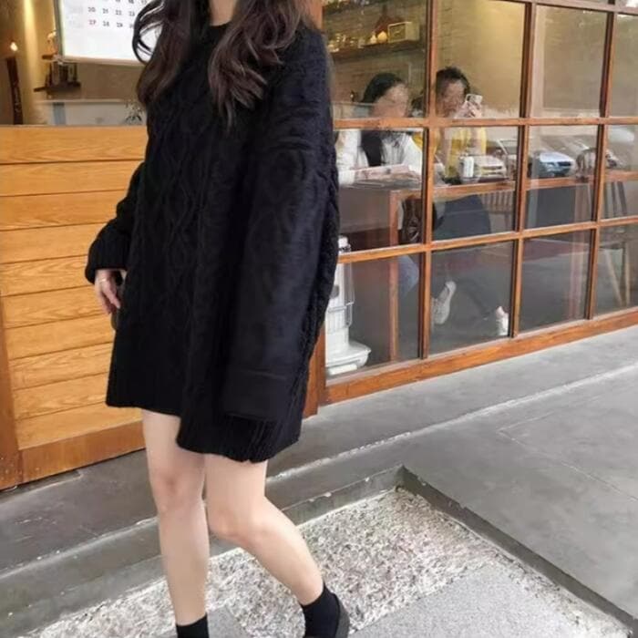 トップス ニット セーター チュニック ワンピース レディース きれいめ カジュアル 長袖 クルーネック 大人 可愛い フェミニン おしゃれ ケーブル シンプル 韓国 ベージュ ピンク レッド 赤 グ