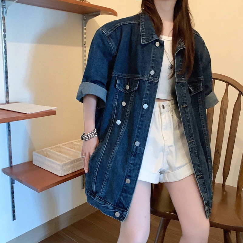 ins風 秋アウター 復古 半袖 セミロング丈 デニムのコート おしゃれ オールマッチ 上着XFZ153