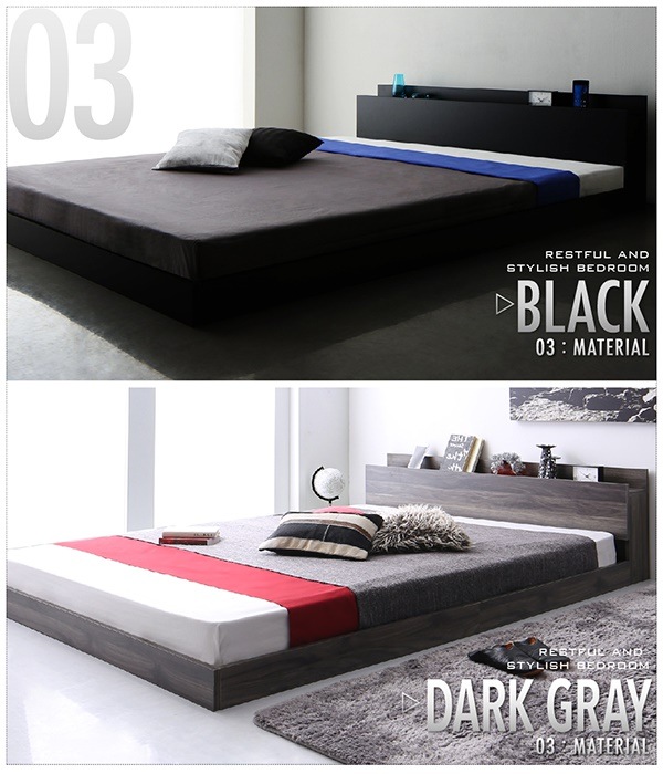 棚/コンセント付き フロアベッド [SKY line]スカイ/ライン [プレミアムポケットコイルマットレス付き] ダブル [フレーム色]ブラック [マットレス色]ホワイト