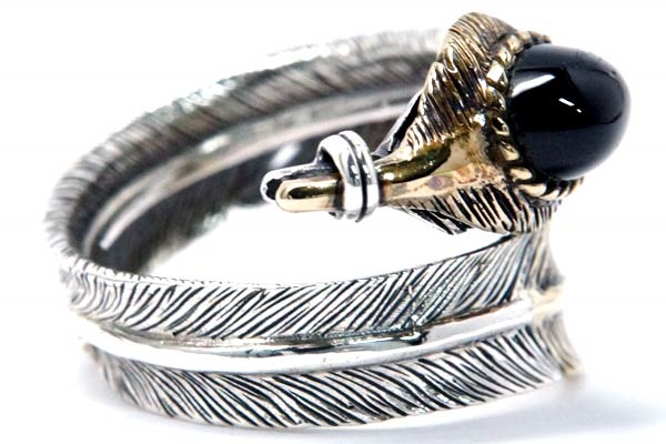 インディアンジュエリー リング フェザー 羽 天然石 ブラックスター ゴールド シルバー925 メンズ