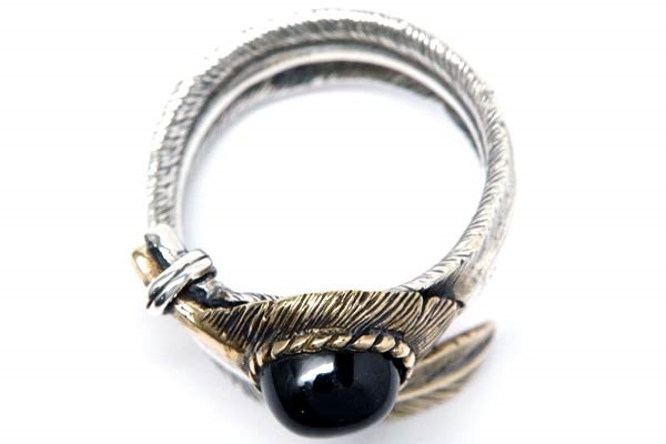 インディアンジュエリー リング フェザー 羽 天然石 ブラックスター ゴールド シルバー925 メンズ