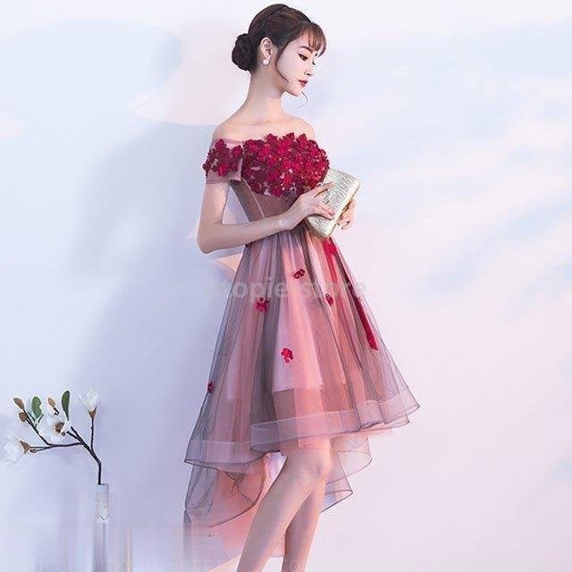 赤 ひざ丈ワンピース オフショルター パーティードレス 花柄 ドレス ショットドレス 二次会 披露宴 赤 ひざ丈ワンピース オフショルター パーティードレス 花柄 ドレス ショットドレス 二次会 披露宴