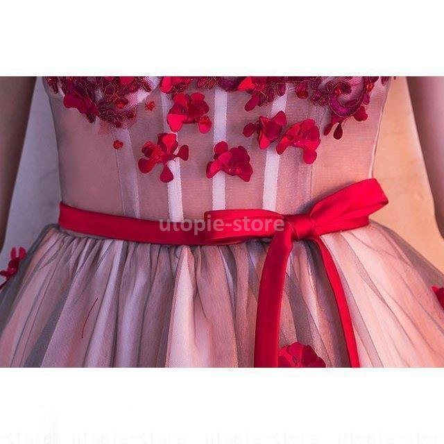 赤 ひざ丈ワンピース オフショルター パーティードレス 花柄 ドレス ショットドレス 二次会 披露宴 赤 ひざ丈ワンピース オフショルター パーティードレス 花柄 ドレス ショットドレス 二次会 披露宴