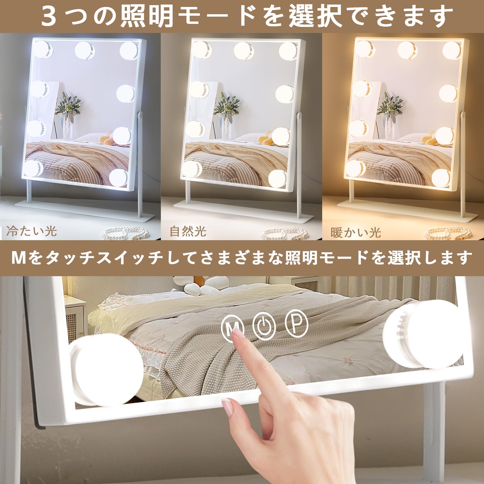 Hansong 女優ミラー ハリウッドミラー 卓上ミラー 化粧鏡 ライト付き LED 鏡 卓上 ミラー 電球 明るさ調節可能 三色切替 無段階調光 記憶機能付き 360度回転 広大鏡 給電式 白い