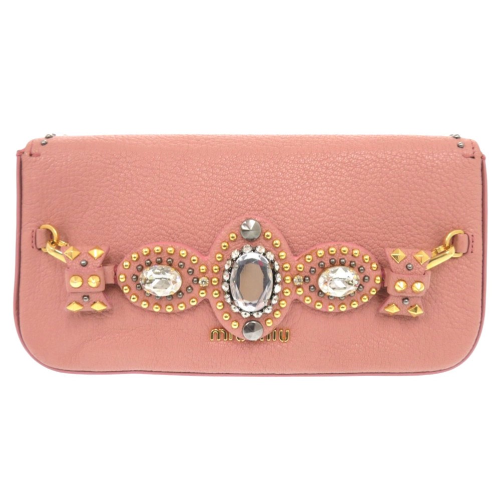 UNO KANDA ピンク リボン クラッチバッグ 美品 リボン ビジュー スタッズ クラッチバッグ レザー/ストーン
