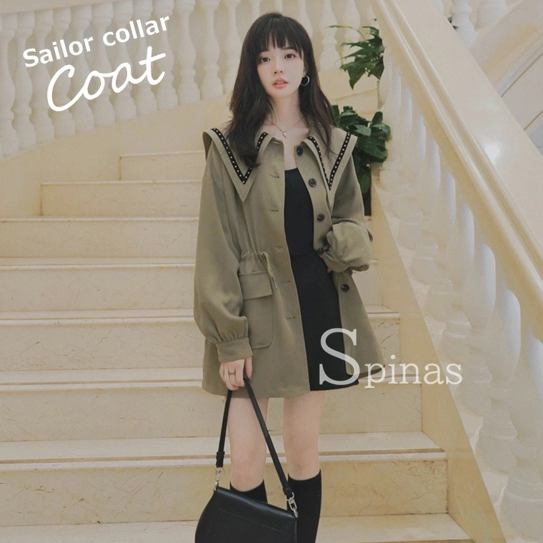 セーラーカラーコート レディース セーラーカラー コート セーラー襟 セーラー服風 スプリング 長袖 防寒 暖かい 可愛い ゆったり 普段着 おしゃれ ガーリー オリーブグリーン