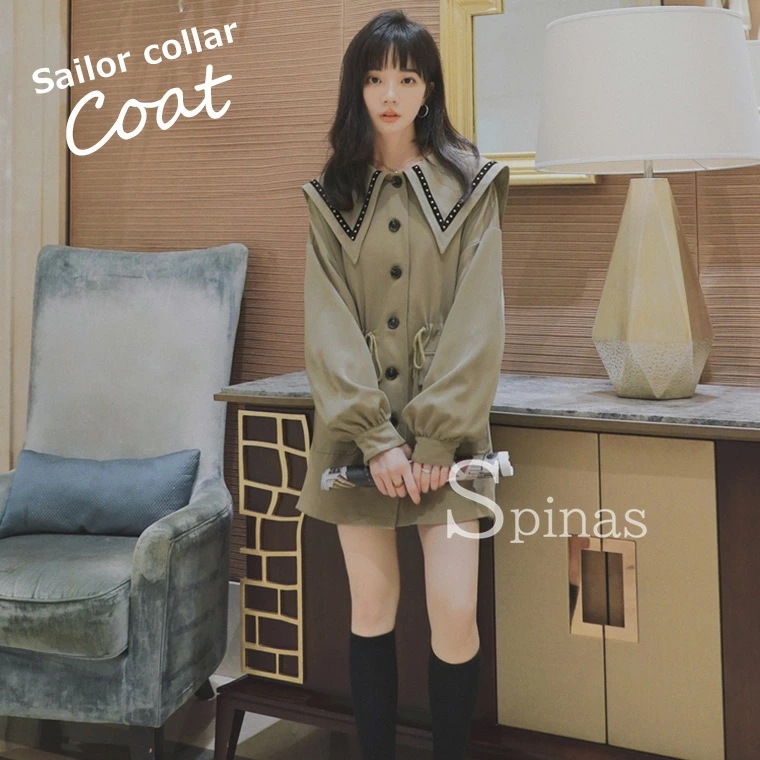 セーラーカラーコート レディース セーラーカラー コート セーラー襟 セーラー服風 スプリング 長袖 防寒 暖かい 可愛い ゆったり 普段着 おしゃれ ガーリー オリーブグリーン