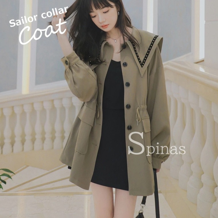 セーラーカラーコート レディース セーラーカラー コート セーラー襟 セーラー服風 スプリング 長袖 防寒 暖かい 可愛い ゆったり 普段着 おしゃれ ガーリー オリーブグリーン