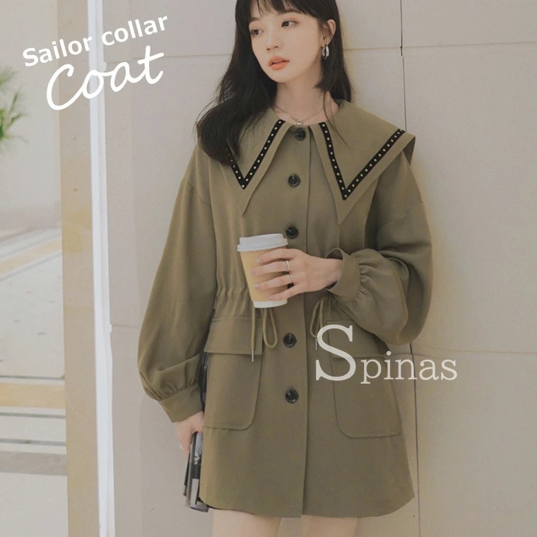 セーラーカラーコート レディース セーラーカラー コート セーラー襟 セーラー服風 スプリング 長袖 防寒 暖かい 可愛い ゆったり 普段着 おしゃれ ガーリー オリーブグリーン