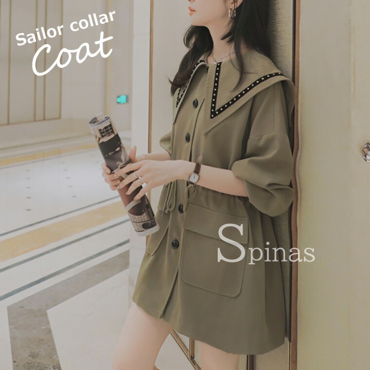 セーラーカラーコート レディース セーラーカラー コート セーラー襟 セーラー服風 スプリング 長袖 防寒 暖かい 可愛い ゆったり 普段着 おしゃれ ガーリー オリーブグリーン