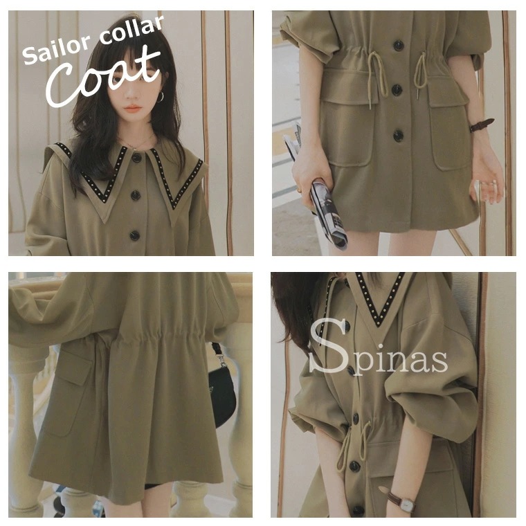 セーラーカラーコート レディース セーラーカラー コート セーラー襟 セーラー服風 スプリング 長袖 防寒 暖かい 可愛い ゆったり 普段着 おしゃれ ガーリー オリーブグリーン