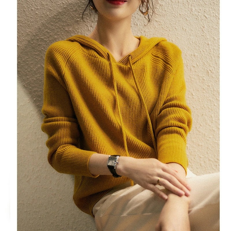 欧米の怠惰なカジュアル年齢を減らすカシミヤ ウール フード付き長袖ニット プルオーバー秋と冬の婦人服 欧米の怠惰なカジュアル年齢を減らすカシミヤ ウール フード付き長袖ニット プルオーバー秋と冬の婦人服