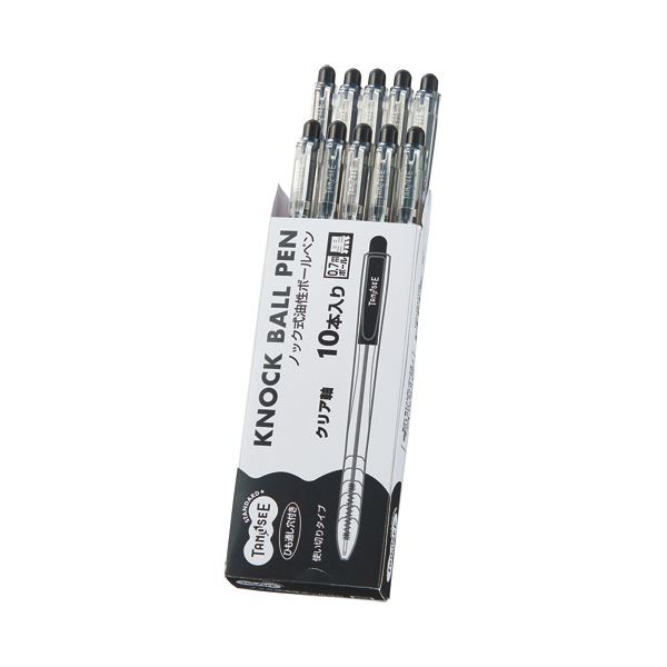 （まとめ）TANOSEE ノック式油性ボールペン0.7mm 黒（軸色：クリア）1パック（10本）20セット