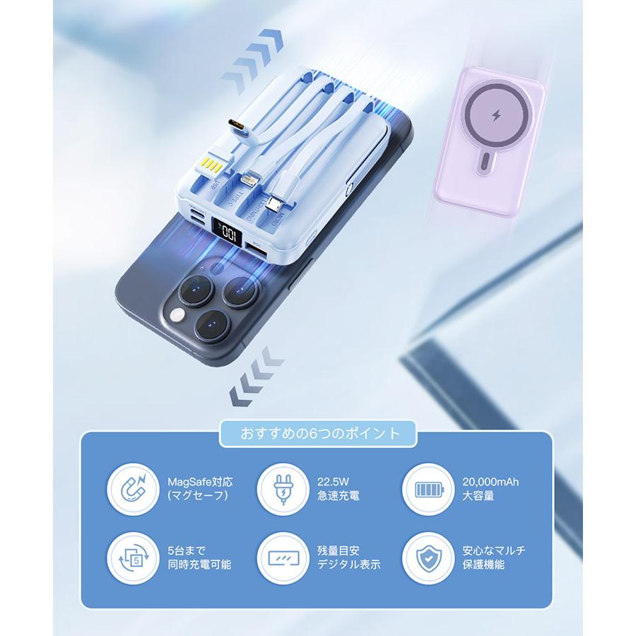 モバイルバッテリー ワイヤレス充電 軽量小型 20000mAh マグセーフ スタンド機能付き 急速充電器 5台同時充電 ワイヤレス高出力 PD QC QI対応 多機種 PSE認証済