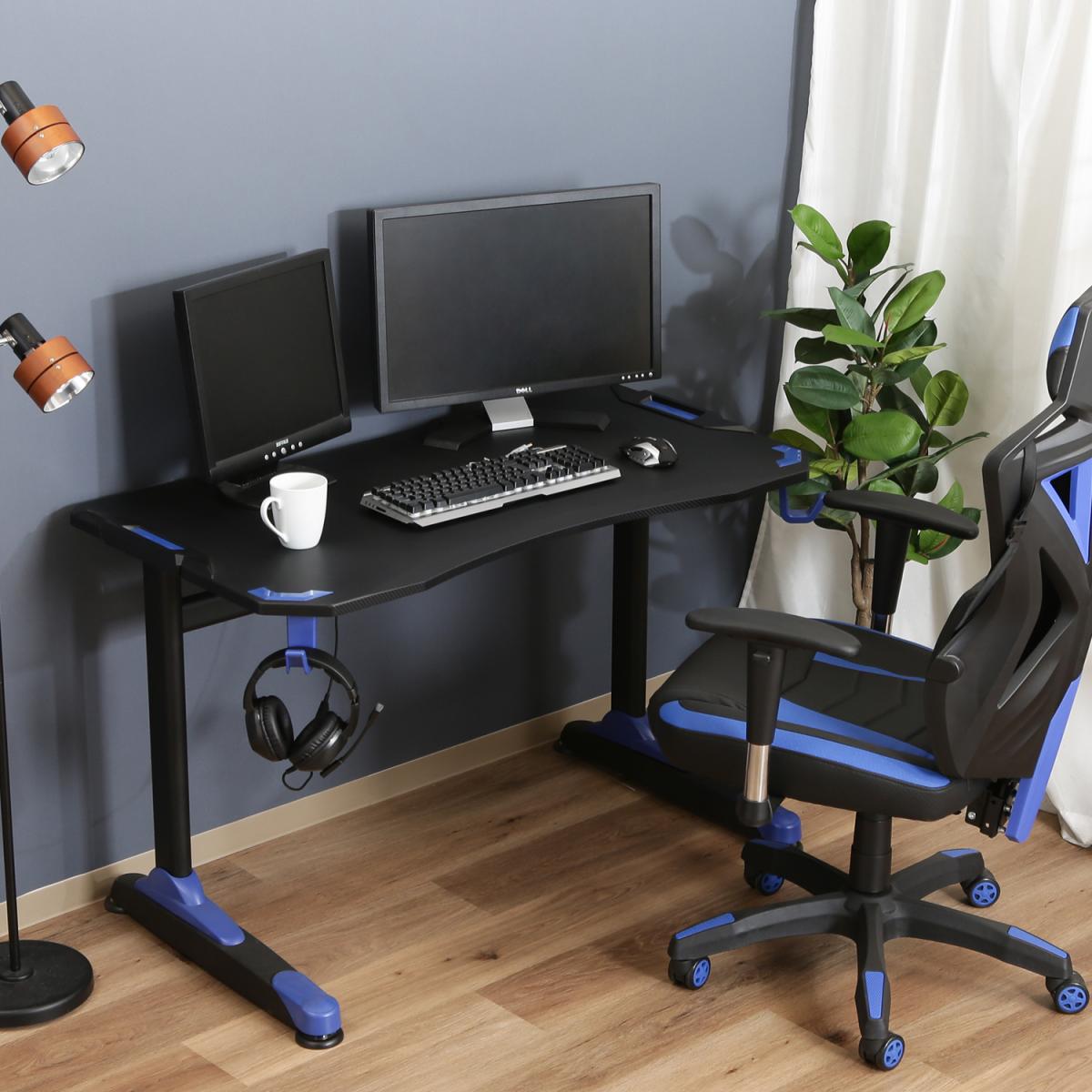 【I】不二貿易 GAMING DESK XeNO(ゼノ)イージー01 ブルー AA-1802　ヘッドホンフック ゲーミングデスク【北海道・沖縄・離島不可】【代引き不可】cm