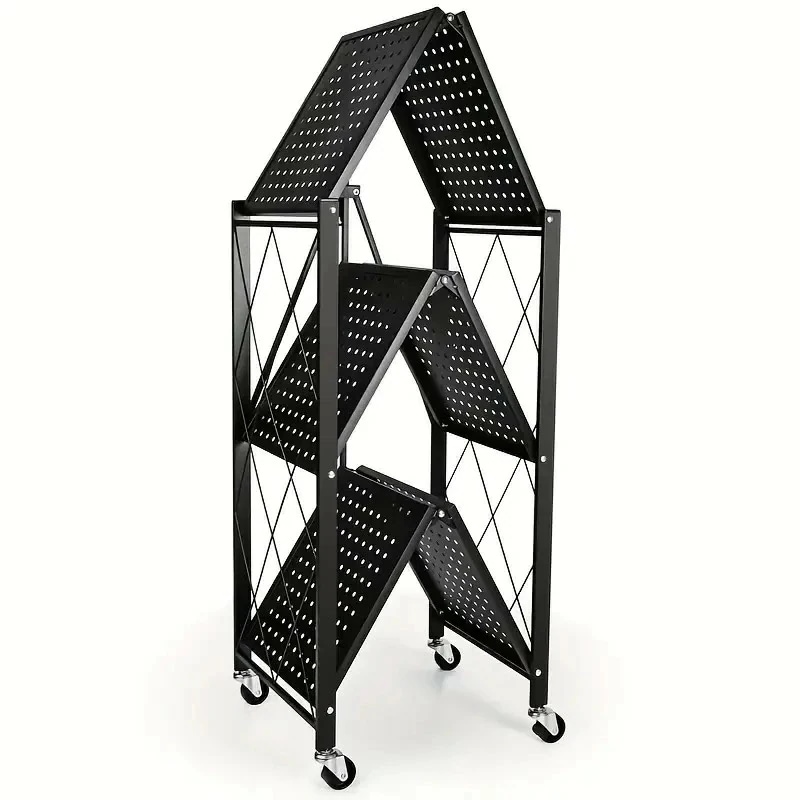 大ヒット 3層金属製折りたたみ収納ラック頑丈で耐久性のある金属素材で作られ内蔵されたユニバーサルホイール付きガレージオフィスキッチンリビングルーム寝室収納整理アイテムに適しています_1