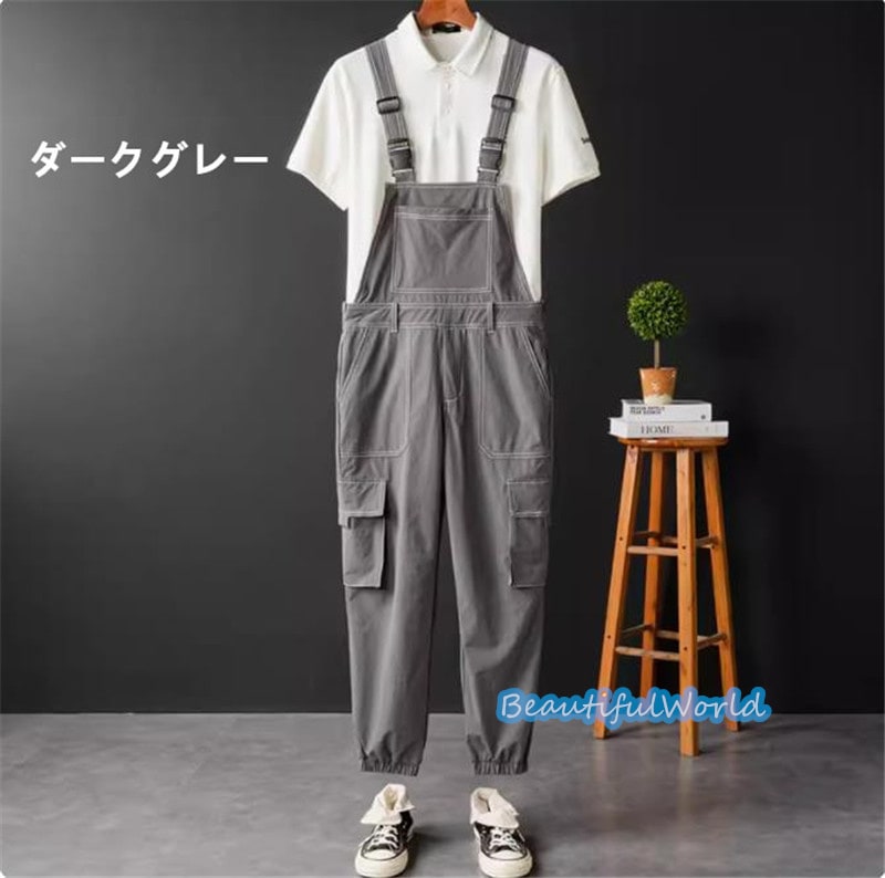 サロペット メンズ オーバーオール つなぎ オールインワン 無地サスペンダー ストリートアメカジ 作業服 春秋 お洒落24bdk25