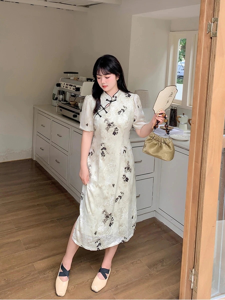 ぽちゃまに チャイナドレス 大きいサイズ 中華風 長短2タイプ 体型カバー レトロ 柄ワンピース レディース ロングワンピース メガ割 福袋 T