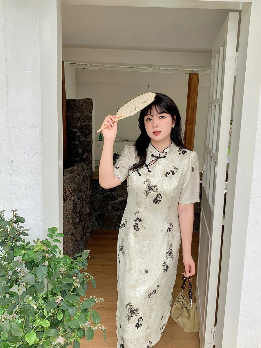 ぽちゃまに チャイナドレス 大きいサイズ 中華風 長短2タイプ 体型カバー レトロ 柄ワンピース レディース ロングワンピース メガ割 福袋 T