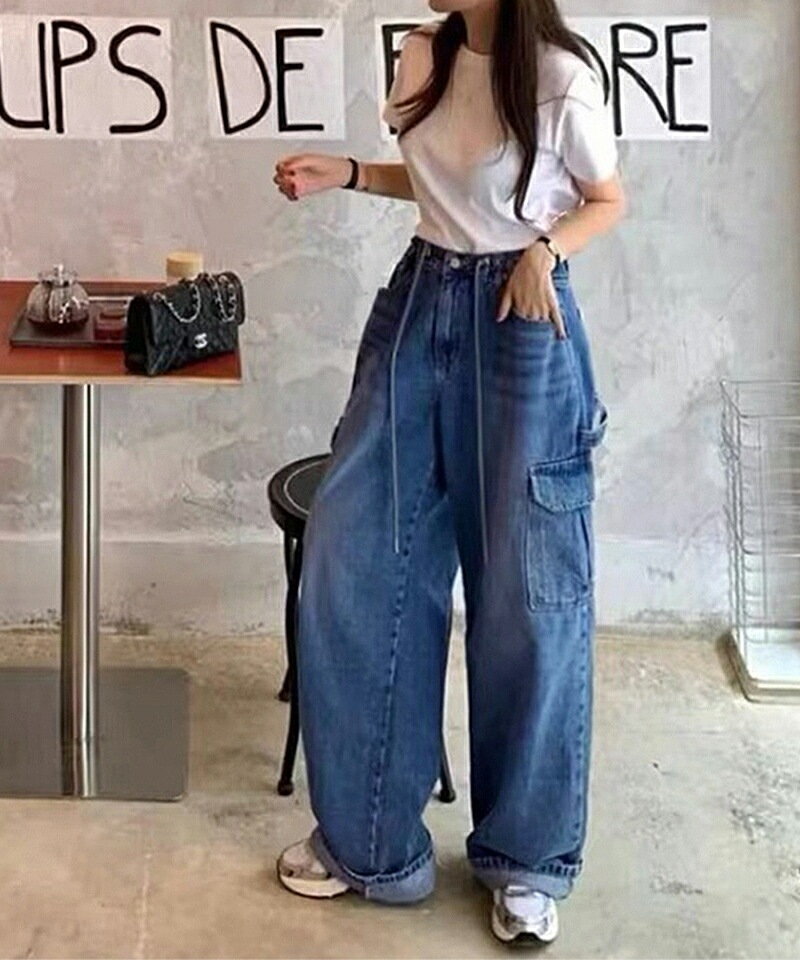 【9/25！クーポンで3,870円】 デニムパンツ デニムカーゴパンツ レディース ワイド デニム カーゴ パンツ カーゴパンツ オシャレ ワイドデニム 大きいサイズ ワイドパンツ ドローコード ジー