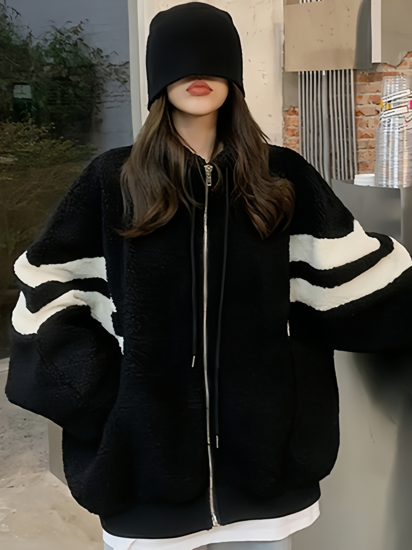 【商品名】レディース 厚手 暖かい フリース ジャケット ブラッシュ加工裏地付き - 防風 冬用コートルーズフィット オーバーサイズ スタンドカラーソフト ふわふわ アウター軽量 防寒 防風 ジ