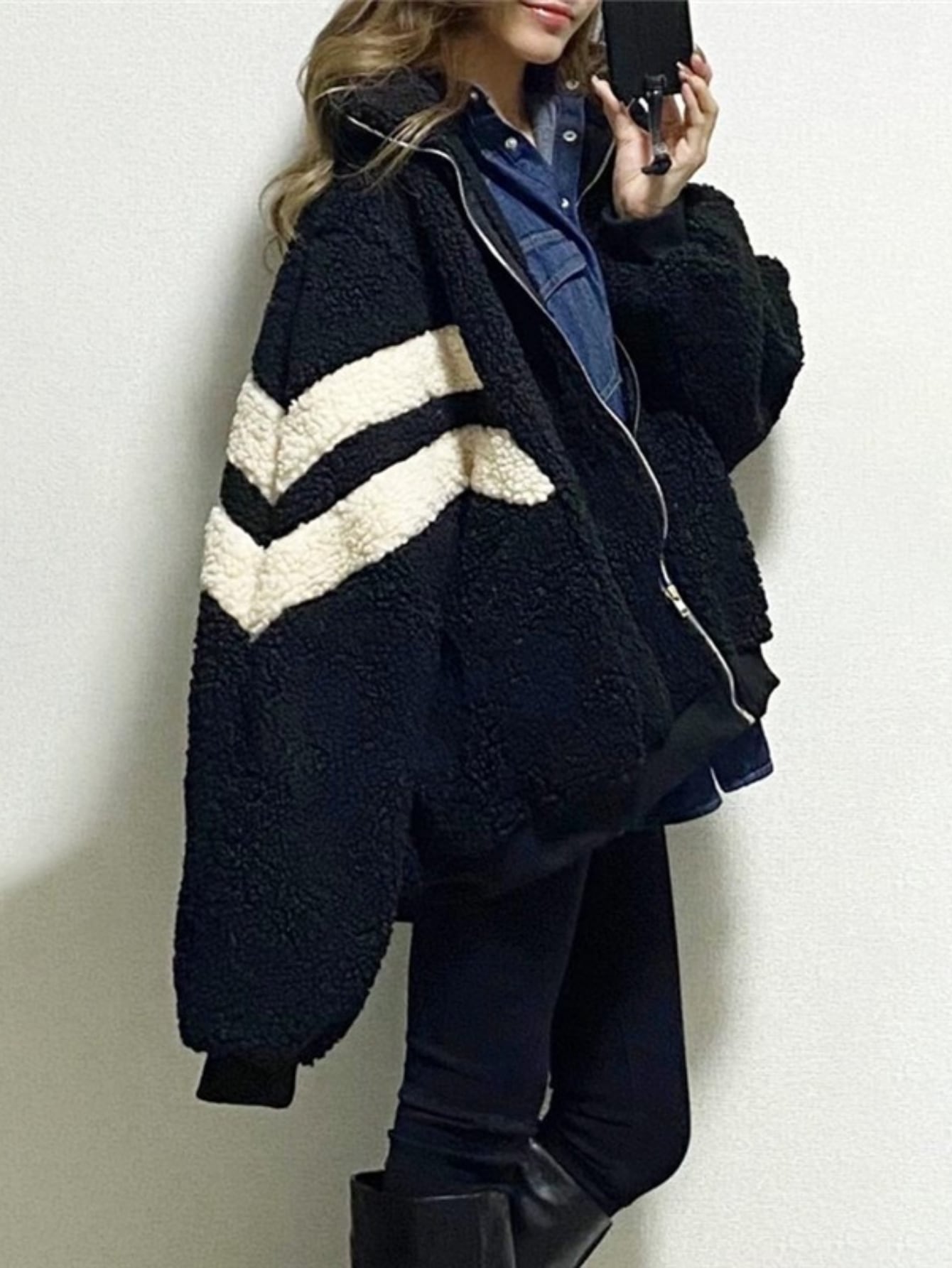 【商品名】レディース 厚手 暖かい フリース ジャケット ブラッシュ加工裏地付き - 防風 冬用コートルーズフィット オーバーサイズ スタンドカラーソフト ふわふわ アウター軽量 防寒 防風 ジ