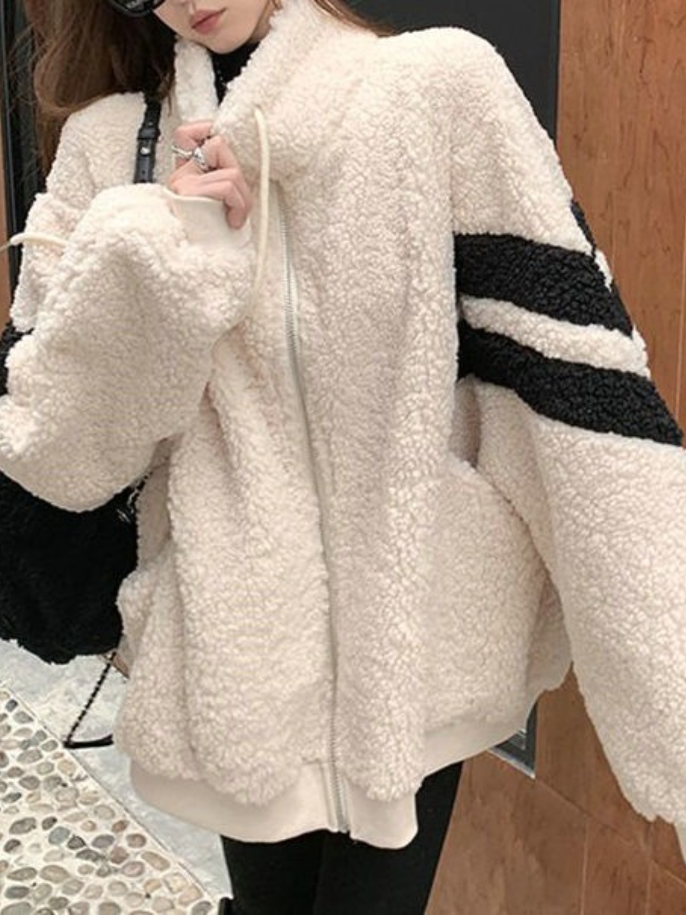 【商品名】レディース 厚手 暖かい フリース ジャケット ブラッシュ加工裏地付き - 防風 冬用コートルーズフィット オーバーサイズ スタンドカラーソフト ふわふわ アウター軽量 防寒 防風 ジ