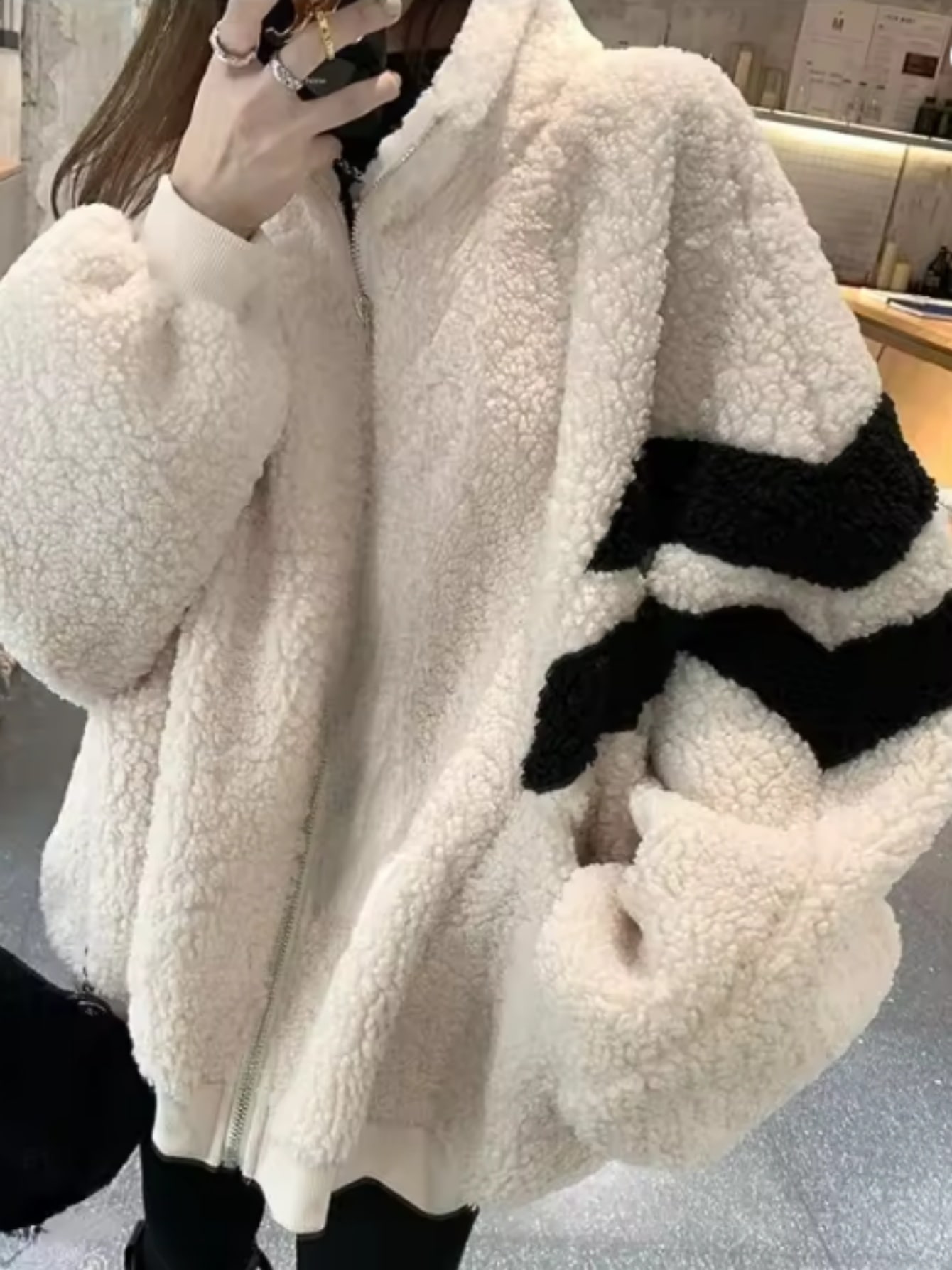 【商品名】レディース 厚手 暖かい フリース ジャケット ブラッシュ加工裏地付き - 防風 冬用コートルーズフィット オーバーサイズ スタンドカラーソフト ふわふわ アウター軽量 防寒 防風 ジ