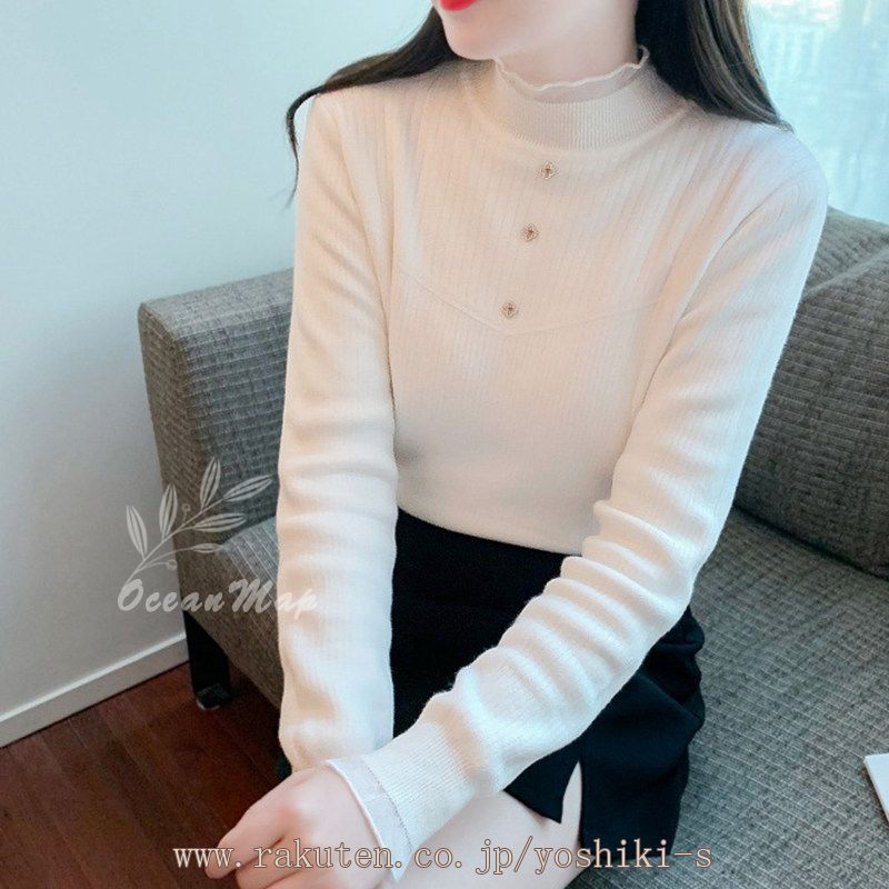 ニットセーター レディース フリル付き ニット セーター トップス カットソー リブ タートルネック 薄手 長袖 オシャレ かわいい シンプル 無地 女性 大人 インナー 秋 冬 学生 ママ 定番 普