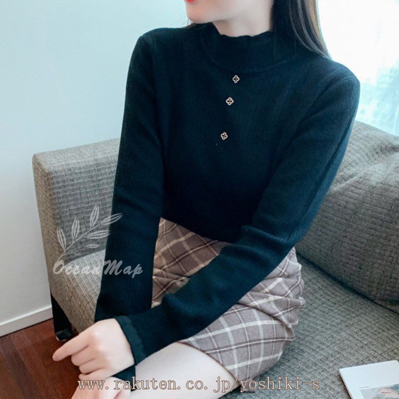 ニットセーター レディース フリル付き ニット セーター トップス カットソー リブ タートルネック 薄手 長袖 オシャレ かわいい シンプル 無地 女性 大人 インナー 秋 冬 学生 ママ 定番 普