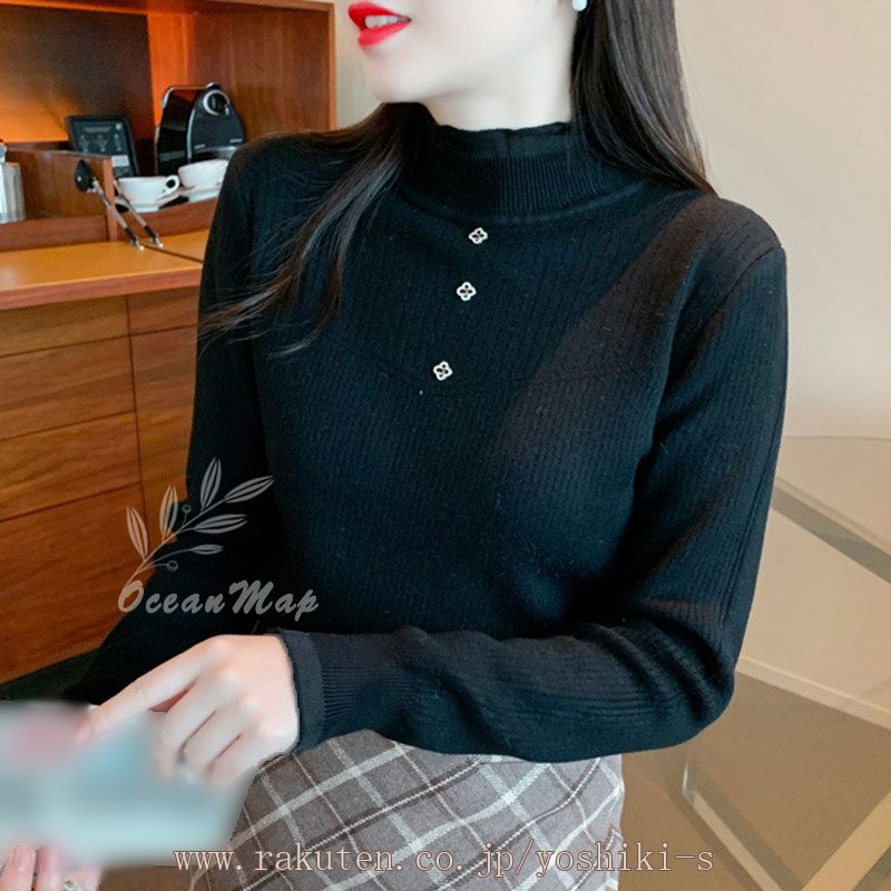 ニットセーター レディース フリル付き ニット セーター トップス カットソー リブ タートルネック 薄手 長袖 オシャレ かわいい シンプル 無地 女性 大人 インナー 秋 冬 学生 ママ 定番 普