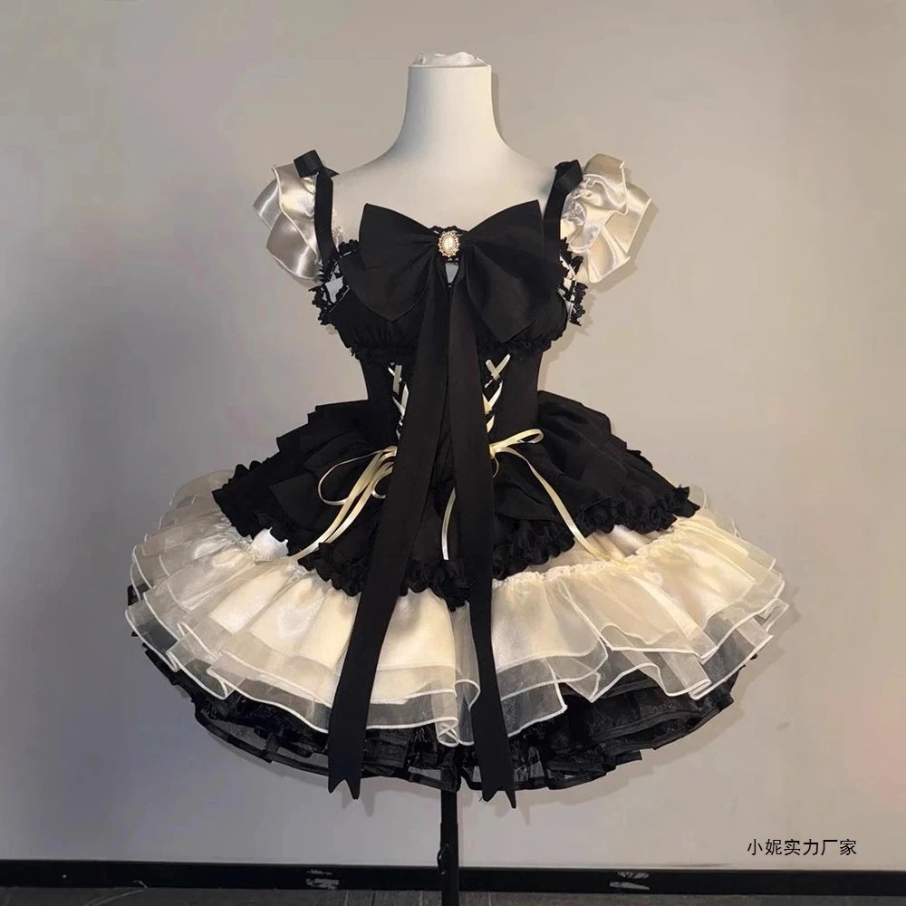 5.12【迅速な発送】甘美かわいいロリータドレスプリンセスドレスリボン小飛袖フリル_3
