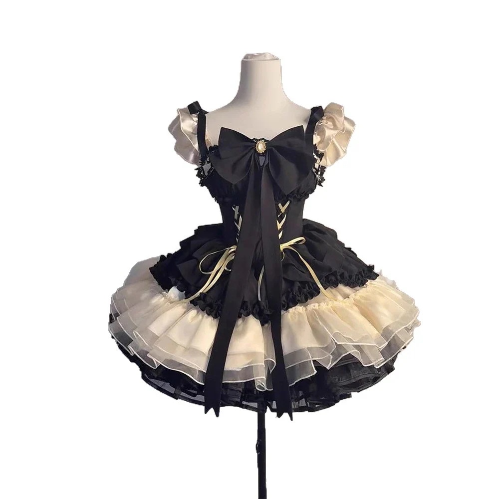 5.12【迅速な発送】甘美かわいいロリータドレスプリンセスドレスリボン小飛袖フリル_4
