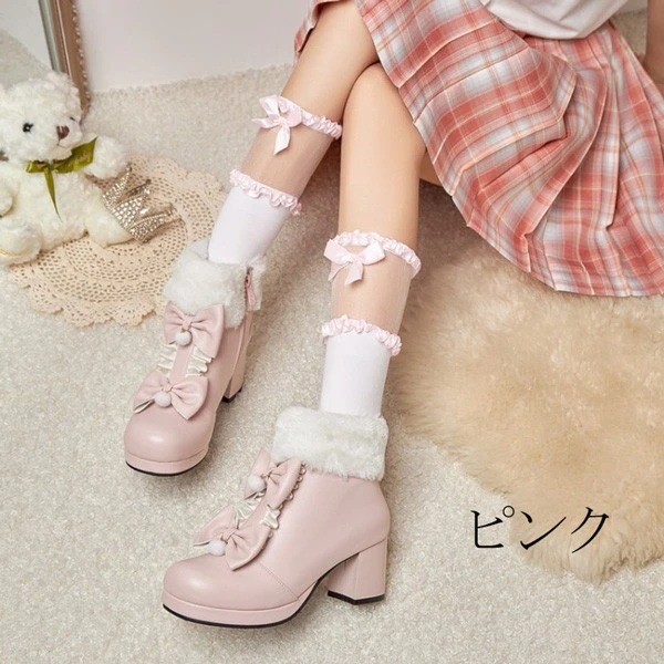 シューズ もふもふブーツ ショートブーツ レディース ボア付き ロリータ靴 可愛い 姫様 お嬢様 女の子 おしゃれ 日常 美脚 お茶会 小さいサイズ 大きいサイズ
