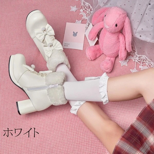 シューズ もふもふブーツ ショートブーツ レディース ボア付き ロリータ靴 可愛い 姫様 お嬢様 女の子 おしゃれ 日常 美脚 お茶会 小さいサイズ 大きいサイズ